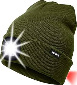 ATNKE 8LED beleuchtete Strickmütze, wiederaufladbare USB-Scheinwerferkappe mit extrem Heller, wasserdichter Lampe und Blinkender Alarm Rotes Rücklicht Multi-Color/Army Green von ATNKE