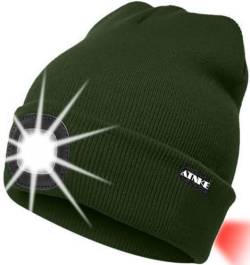 ATNKE 8LED beleuchtete Strickmütze, wiederaufladbare USB-Scheinwerferkappe mit extrem Heller, wasserdichter Lampe und Blinkender Alarm Rotes Rücklicht Multi-Color/Dark Army Green von ATNKE