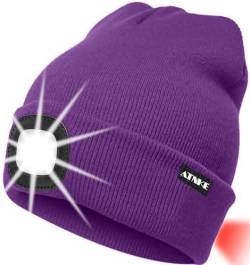 ATNKE 8LED beleuchtete Strickmütze, wiederaufladbare USB-Scheinwerferkappe mit extrem Heller, wasserdichter Lampe und Blinkender Alarm Rotes Rücklicht Multi-Color/Inner Purple von ATNKE