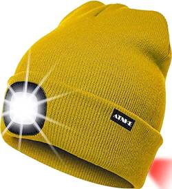 ATNKE 8LED beleuchtete Strickmütze, wiederaufladbare USB-Scheinwerferkappe mit extrem Heller, wasserdichter Lampe und Blinkender Alarm Rotes Rücklicht Multi-Color/Yellow von ATNKE