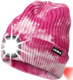 ATNKE 8LED beleuchtete Strickmütze, wiederaufladbare USB-Scheinwerferkappe mit extrem Heller, wasserdichter Lampe und Blinkender Alarm Rotes Rücklicht Multi-Color (Tie Dye Rosa) von ATNKE