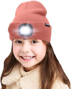 ATNKE Kids LED beleuchtete Mütze mit Licht, USB Wiederaufladbare 4 LED Scheinwerfer wasserdichte Winterwärmer Strick Nachthüte mit leichten Jungen Mädchen/Bean Paste Powder von ATNKE