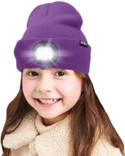 ATNKE Kids LED beleuchtete Mütze mit Licht, USB Wiederaufladbare 4 LED Scheinwerfer wasserdichte Winterwärmer Strick Nachthüte mit leichten Jungen Mädchen/Inner Purple von ATNKE