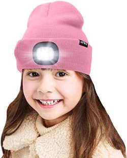 ATNKE Kids LED beleuchtete Mütze mit Licht, USB Wiederaufladbare 4 LED Scheinwerfer wasserdichte Winterwärmer Strick Nachthüte mit leichten Jungen Mädchen (Rosa, 1PCS) von ATNKE