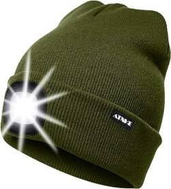 ATNKE LED Beleuchtete Mütze,Wiederaufladbare USB Laufmütze mit Licht Extrem Heller 4 LED Lampe Winter Warme Stirnlampe für Herren und Damen Geschenke/ArmyGreen von ATNKE