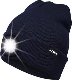 ATNKE LED Beleuchtete Mütze,Wiederaufladbare USB Laufmütze mit Licht Extrem Heller 4 LED Lampe Winter Warme Stirnlampe für Herren und Damen Geschenke/Navy von ATNKE