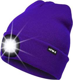 ATNKE LED Beleuchtete Mütze,Wiederaufladbare USB Laufmütze mit Licht Extrem Heller 4 LED Lampe Winter Warme Stirnlampe für Herren und Damen Geschenke/Purple von ATNKE