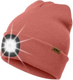 ATNKE LED Beleuchtete Mütze mit Licht,Wiederaufladbare USB 4 LED Beleuchtete Laufmütze Extrem Heller Lampe Winter Warme Stricken Mütze Technik Geschenke für Herren und Damen/Bean Paste Powder von ATNKE