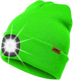 ATNKE LED Beleuchtete Mütze mit Licht,Wiederaufladbare USB 4 LED Beleuchtete Laufmütze Extrem Heller Lampe Winter Warme Stricken Mütze Technik Geschenke für Herren und Damen/Fluorescent Green von ATNKE