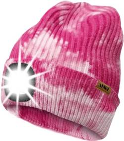 ATNKE LED Beleuchtete Mütze mit Licht,Wiederaufladbare USB 4 LED Beleuchtete Laufmütze Extrem Heller Lampe Winter Warme Stricken Mütze Technik Geschenke für Herren und Damen/Tie Dye Pink von ATNKE