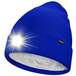 ATNKE LED Mütze mit Licht,Wiederaufladbare USB 4 LED Beleuchtete Laufmütze Extrem Heller Lampe Winter Warme Gefüttertes Fleece Stricken Mütze für Herren und Damen Geschenke/Blue von ATNKE