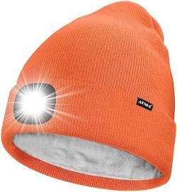 ATNKE LED Mütze mit Licht,Wiederaufladbare USB 4 LED Beleuchtete Laufmütze Extrem Heller Lampe Winter Warme Gefüttertes Fleece Stricken Mütze für Herren und Damen Geschenke/Bright Orange von ATNKE