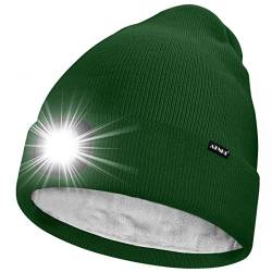 ATNKE LED Mütze mit Licht,Wiederaufladbare USB 4 LED Beleuchtete Laufmütze Extrem Heller Lampe Winter Warme Gefüttertes Fleece Stricken Mütze für Herren und Damen Geschenke/Dark Green von ATNKE