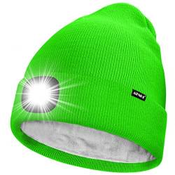 ATNKE LED Mütze mit Licht,Wiederaufladbare USB 4 LED Beleuchtete Laufmütze Extrem Heller Lampe Winter Warme Gefüttertes Fleece Stricken Mütze für Herren und Damen Geschenke/Fluorescent Green von ATNKE