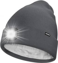 ATNKE LED Mütze mit Licht,Wiederaufladbare USB 4 LED Beleuchtete Laufmütze Extrem Heller Lampe Winter Warme Gefüttertes Fleece Stricken Mütze für Herren und Damen Geschenke/Gun Gray von ATNKE