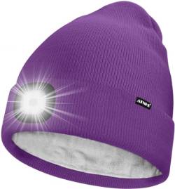 ATNKE LED Mütze mit Licht,Wiederaufladbare USB 4 LED Beleuchtete Laufmütze Extrem Heller Lampe Winter Warme Gefüttertes Fleece Stricken Mütze für Herren und Damen Geschenke/Inner Purple von ATNKE