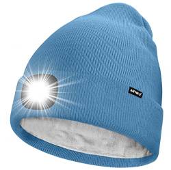 ATNKE LED Mütze mit Licht,Wiederaufladbare USB 4 LED Beleuchtete Laufmütze Extrem Heller Lampe Winter Warme Gefüttertes Fleece Stricken Mütze für Herren und Damen Geschenke/Magnolia Blue von ATNKE