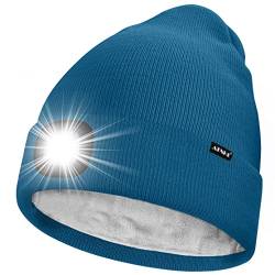 ATNKE LED Mütze mit Licht,Wiederaufladbare USB 4 LED Beleuchtete Laufmütze Extrem Heller Lampe Winter Warme Gefüttertes Fleece Stricken Mütze für Herren und Damen Geschenke/Peacock Blue von ATNKE