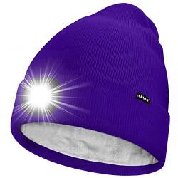 ATNKE LED Mütze mit Licht,Wiederaufladbare USB 4 LED Beleuchtete Laufmütze Extrem Heller Lampe Winter Warme Gefüttertes Fleece Stricken Mütze für Herren und Damen Geschenke/Purple von ATNKE