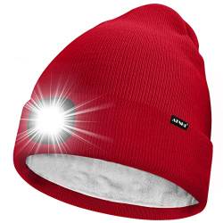 ATNKE LED Mütze mit Licht,Wiederaufladbare USB 4 LED Beleuchtete Laufmütze Extrem Heller Lampe Winter Warme Gefüttertes Fleece Stricken Mütze für Herren und Damen Geschenke/Red von ATNKE