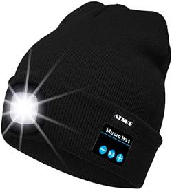 ATNKE LED beleuchtete Bluetooth-Beanie-Kappe, wiederaufladbare USB-Musikalische Laufm¨¹TZE mit extrem hellem 4-LED-Licht wasserdichte Lampe f¨¹r das Skifahren Wandern Camping Radfahren/Schwarz von ATNKE