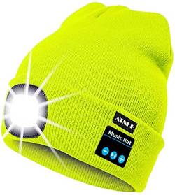 ATNKE LED beleuchtete Bluetooth-Beanie-Kappe, wiederaufladbare USB-Musikalische Laufmütze mit extrem hellem 4-LED-Licht wasserdichte Lampe für das Camping Radfahren (Fluoreszierendes Gelb) von ATNKE