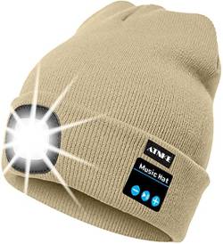 ATNKE LED beleuchtete Bluetooth Beanie Kappe, wiederaufladbare USB-Musikalische Laufmütze mit extrem hellem 4 LED Licht wasserdichte Lampe für das Skifahren (Einheitsgröße, Beige) von ATNKE