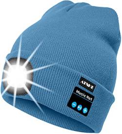 ATNKE LED beleuchtete Bluetooth Beanie Kappe, wiederaufladbare USB-Musikalische Laufmütze mit extrem hellem 4 LED Licht wasserdichte Lampe für das Skifahren (Einheitsgröße, Magnolien Blau) von ATNKE