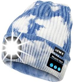 ATNKE LED beleuchtete Bluetooth Beanie Kappe, wiederaufladbare USB-Musikalische Laufmütze mit extrem hellem 4 LED Licht wasserdichte Lampe für das Skifahren (Einheitsgröße, Tie Dye Blau) von ATNKE