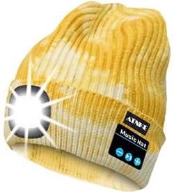 ATNKE LED beleuchtete Bluetooth Beanie Kappe, wiederaufladbare USB-Musikalische Laufmütze mit extrem hellem 4 LED Licht wasserdichte Lampe für das Skifahren (Einheitsgröße, Tie Dye Gelb) von ATNKE