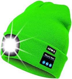 ATNKE LED beleuchtete Bluetooth-Beanie-Kappe, wiederaufladbare USB-Musikalische Laufmütze mit extrem hellem 4-LED-Licht wasserdichte Lampe für das Skifahren Wandern Camping Radfahren/Fluorescent Green von ATNKE