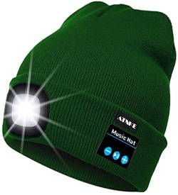 ATNKE LED beleuchtete Bluetooth-Beanie-Kappe, wiederaufladbare USB-Musikalische Laufmütze mit extrem hellem 4-LED-Licht wasserdichte Lampe für das Skifahren Wandern Camping Radfahren/Green von ATNKE