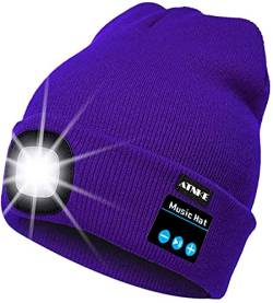ATNKE LED beleuchtete Bluetooth-Beanie-Kappe, wiederaufladbare USB-Musikalische Laufmütze mit extrem hellem 4-LED-Licht wasserdichte Lampe für das Skifahren Wandern Camping Radfahren/Purple von ATNKE