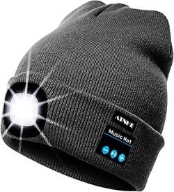 ATNKE LED beleuchtete Bluetooth-Beanie-Kappe, wiederaufladbare USB-Musikalische Laufmütze mit extrem hellem 4-LED-Licht wasserdichte Lampe für das Skifahren Wandern Camping Radfahren (Dunkel Grau) von ATNKE