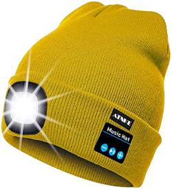 ATNKE LED beleuchtete Bluetooth-Beanie-Kappe, wiederaufladbare USB-Musikalische Laufmütze mit extrem hellem 4-LED-Licht wasserdichte Lampe für das Skifahren Wandern Camping Radfahren (Gelb) von ATNKE