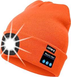 ATNKE LED beleuchtete Bluetooth-Beanie-Kappe, wiederaufladbare USB-Musikalische Laufmütze mit extrem hellem 4-LED-Licht wasserdichte Lampe für das Skifahren Wandern Camping Radfahren (Orange) von ATNKE