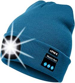 ATNKE LED beleuchtete Bluetooth-Beanie-Kappe, wiederaufladbare USB-Musikalische Laufmütze mit extrem hellem 4-LED-Licht wasserdichte Lampe für das Skifahren Wandern Camping Radfahren (Pfauen Blau) von ATNKE
