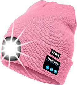 ATNKE LED beleuchtete Bluetooth-Beanie-Kappe, wiederaufladbare USB-Musikalische Laufmütze mit extrem hellem 4-LED-Licht wasserdichte Lampe für das Skifahren Wandern Camping Radfahren (Pink) von ATNKE