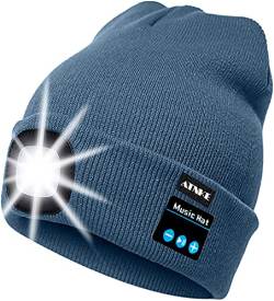 ATNKE LED beleuchtete Bluetooth-Beanie-Kappe, wiederaufladbare USB-Musikalische Laufmütze mit extrem hellem 4-LED-Licht wasserdichte Lampe für das Skifahren Wandern Camping Radfahren (Schatten Blau) von ATNKE