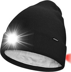 ATNKE Unisex 8 LED Mütze mit Licht,Wiederaufladbare USB Rot Blinkendes Alarm Rücklicht Laufmütze Lampe Winter Warme Gefüttertes Fleece Stricken Mütze für Herren und Damen Geschenke/Black von ATNKE