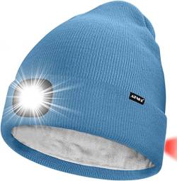 ATNKE Unisex 8 LED Mütze mit Licht,Wiederaufladbare USB Rot Blinkendes Alarm Rücklicht Laufmütze Lampe Winter Warme Gefüttertes Fleece Stricken Mütze für Herren und Damen Geschenke/Magnolia Blue von ATNKE