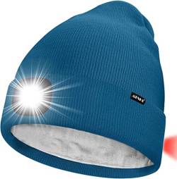 ATNKE Unisex 8 LED Mütze mit Licht,Wiederaufladbare USB Rot Blinkendes Alarm Rücklicht Laufmütze Lampe Winter Warme Gefüttertes Fleece Stricken Mütze für Herren und Damen Geschenke/Peacock Blue von ATNKE