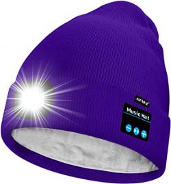 ATNKE Unisex LED Bluetooth Mütze mit Licht,Wiederaufladbare USB 4 LED Musik Redner Laufmütze Lampe Winter Warme Gefüttertes Fleece Stricken Mütze für Herren und Damen Geschenke/Purple von ATNKE