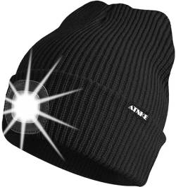 ATNKE Unisex LED Mütze mit Licht,Wiederaufladbare USB 4 LED Beleuchtete Laufmütze Extrem Heller Lampe Winter Warme Stricken Mütze für Herren und Damen Geschenke/Black von ATNKE