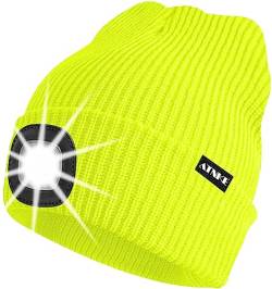 ATNKE Unisex LED Mütze mit Licht,Wiederaufladbare USB 4 LED Beleuchtete Laufmütze Extrem Heller Lampe Winter Warme Stricken Mütze für Herren und Damen Geschenke/Fluorescent Yellow von ATNKE