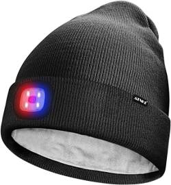 ATNKE Unisex LED Mütze mit Licht,Wiederaufladbare USB 4 LED Rot und Blau Leuchten Blinkender Laufmütze Lampe Warme Gefüttertes Fleece Stricken Mütze für Herren und Damen Geschenke/Dark Grey von ATNKE