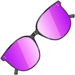 ATTCL Damen Sonnenbrille rund verspiegelt TR90 Rahme HD Nylonlinse Ultra Leicht JD222-Black+Purple von ATTCL
