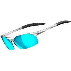 ATTCL Herren Polarisierte Treiber Glasses Sport Sonnenbrille Al-Mg Metallrahme Ultra leicht verspiegelt sonnenbrillen 8177 Silber Blau von ATTCL