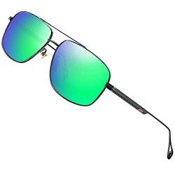 ATTCL Vintage Herren Polarisierte Sonnenbrille Fahrerbrille Rechteckig Metallrahmen UV400 Schutz (Schwarz/Grün verspiegelt) von ATTCL