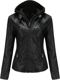 ATZTD Damen Casual Stehkragen Abnehmbare Kapuze PU Lederjacke Kunstleder Jacke von ATZTD